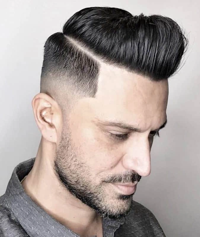 Drop Fade + Side-Parted Quiff.